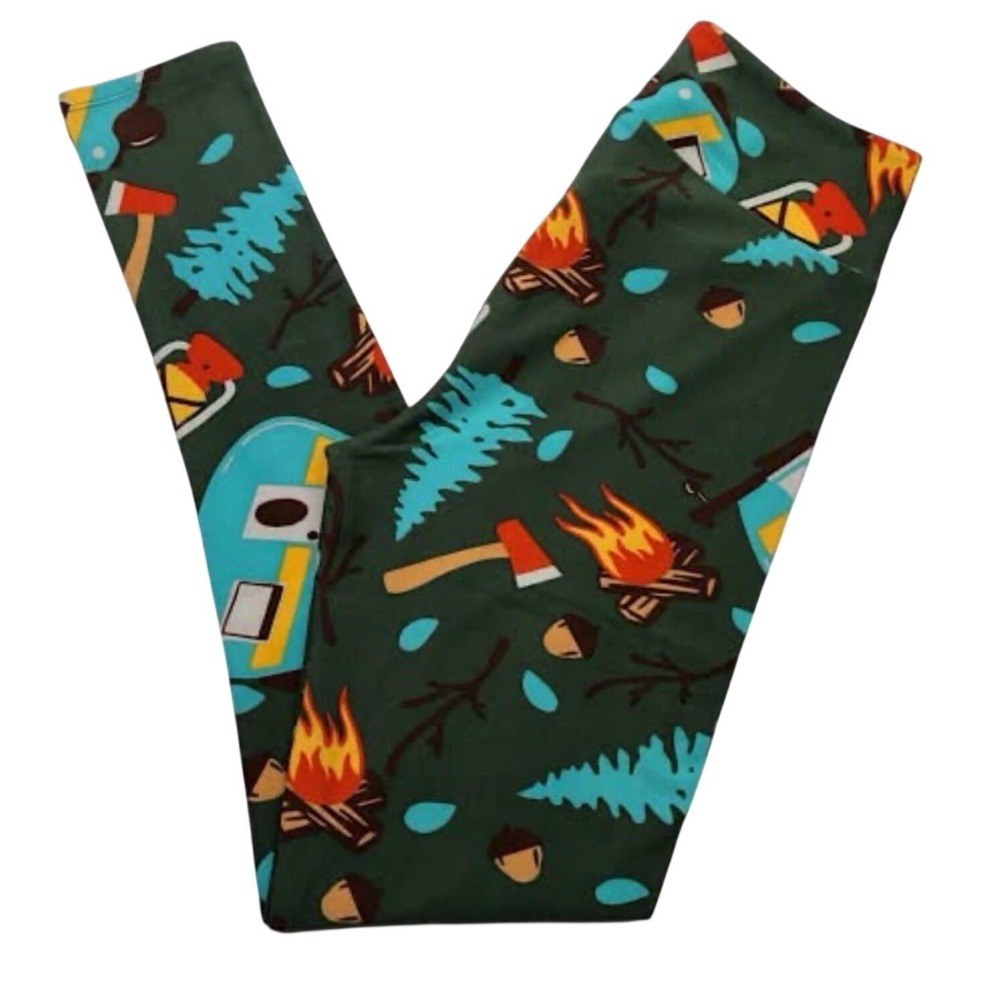 LuLaRoe Womens Leggings Size TC Green Camping Campfire Camper Tall & Curvy NWT